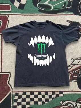 Vintage Y2K Monster Energy Teeth Graphic T-Shirt Black Short Sleeve